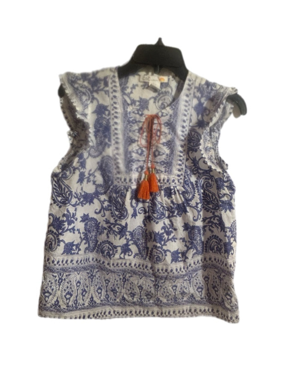 C&C California Paisley Ruffle Sleeve Tassel Tie Boho Tank Top Blouse Blue White - Picture 2 of 5
